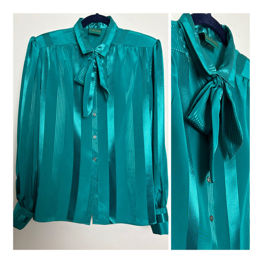 Vintage 1980s CANDA Size 16 Jade Green Pussy Bow Secretary Blouse