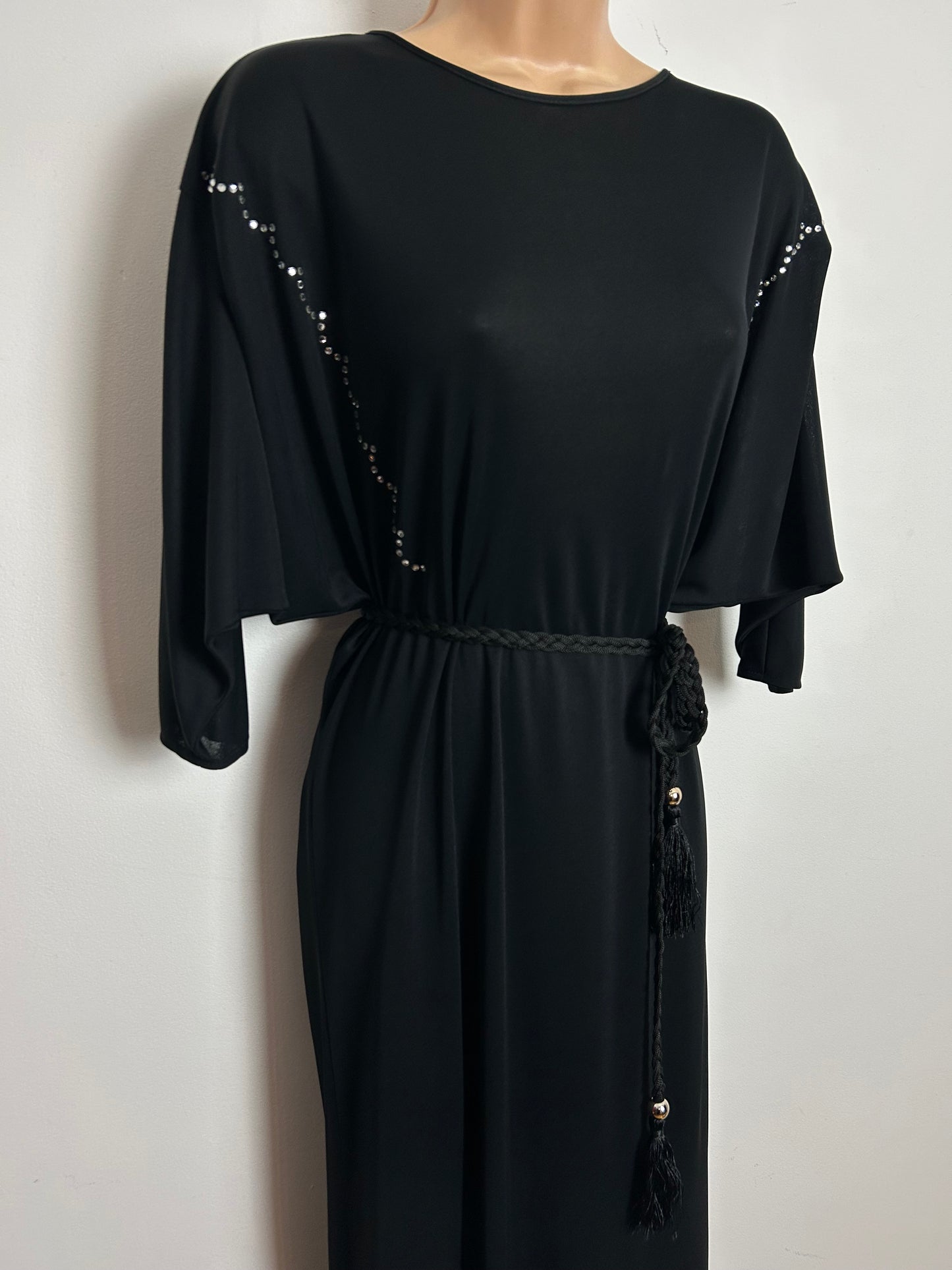 Vintage 1980s Size 12 Black Rhinestone Detail Tie Back Bat Wing Belted Evening Maxi Dress