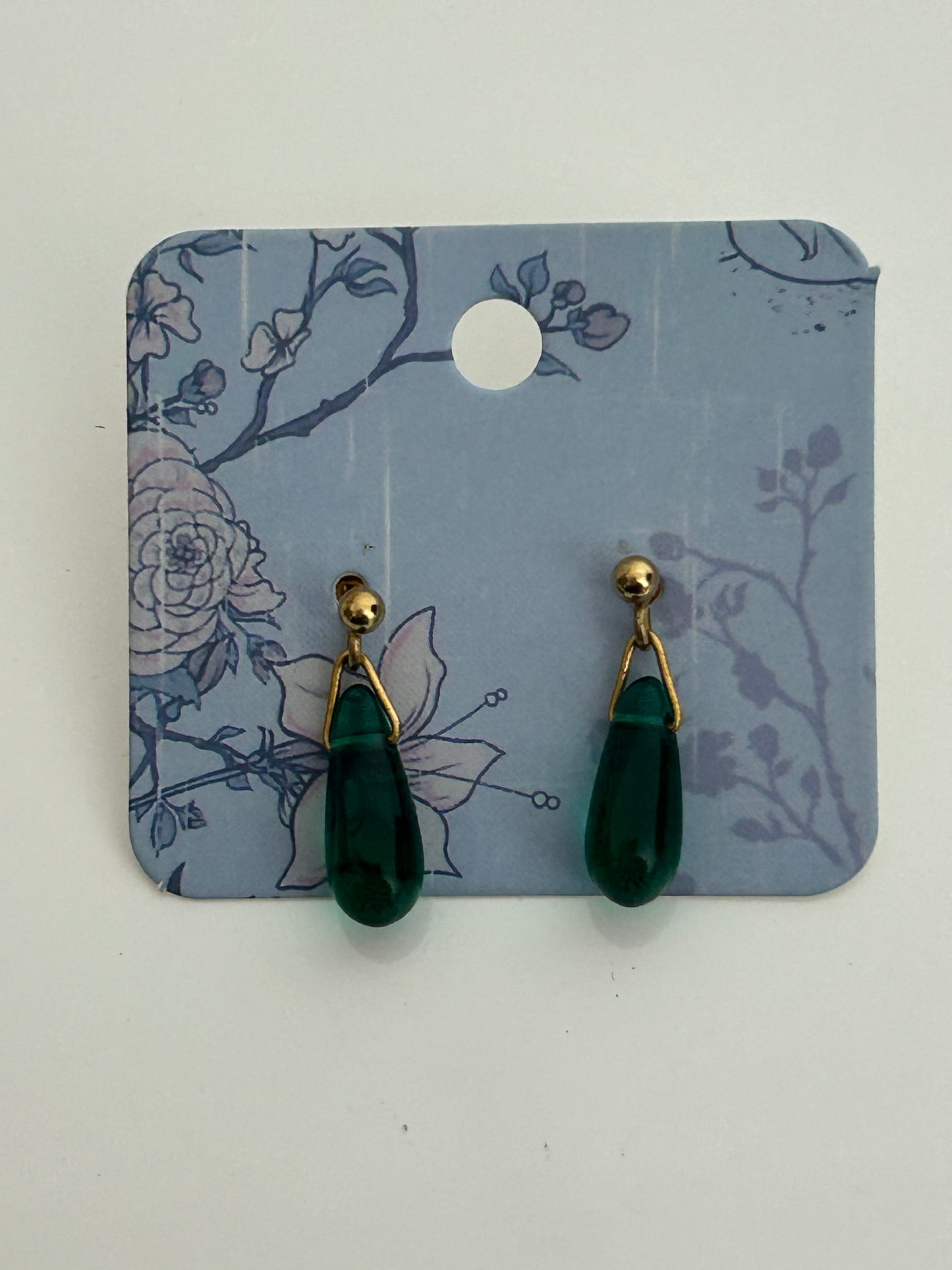 Vintage Gold Tone & Teal Green Glass Tear Drop Earrings