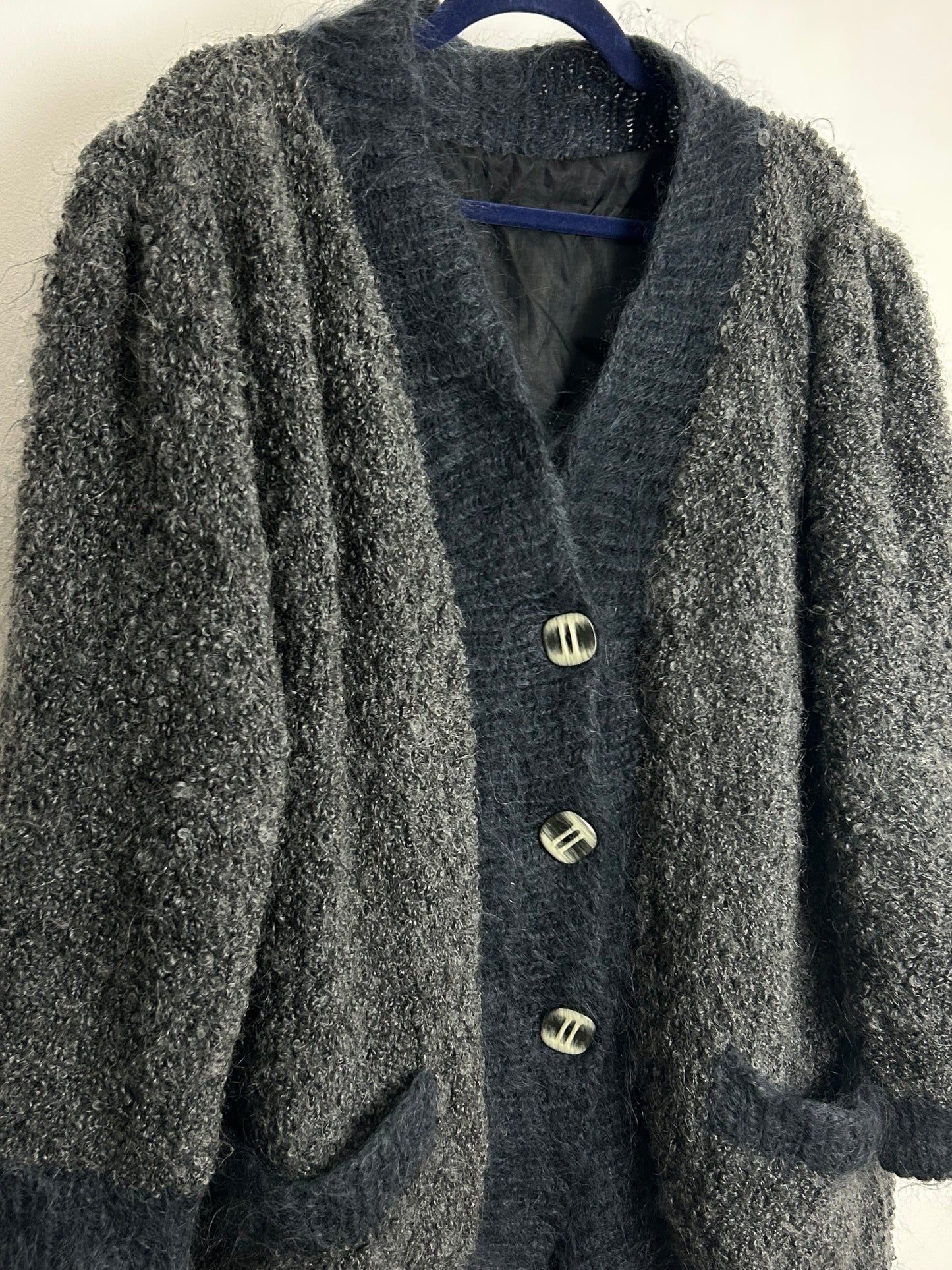 Vintage 1980s Size XL Over Size Grey Boucle Mohair Mix Fully Lined Cardigan Coatigan