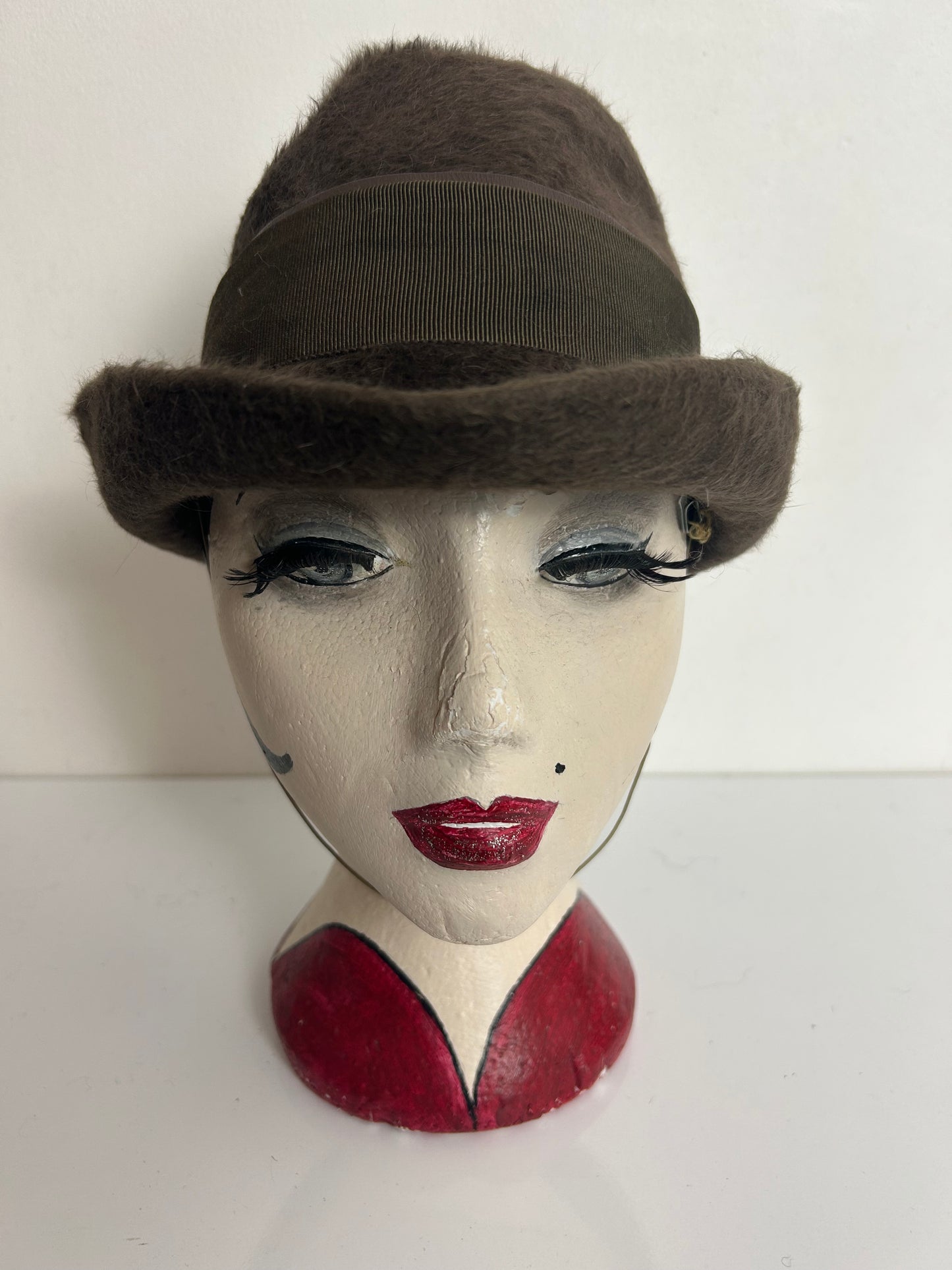 Vintage 1970s Dark Olive Green Angora Mix Austrian Peaked Hat