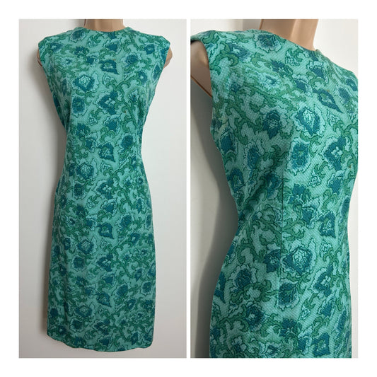 Vintage 1960s Size 12-14 Green Tones Floral Print Mod Shift Dress
