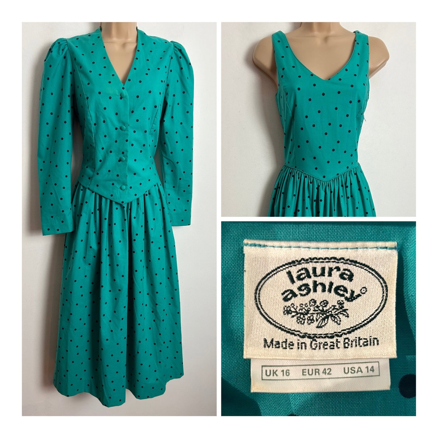 Vintage 1980s LAURA ASHLEY UK Size 12 (Size 16 On Label) Green & Black Polka Dot Print Cotton Dress & Matching Bolero Jacket