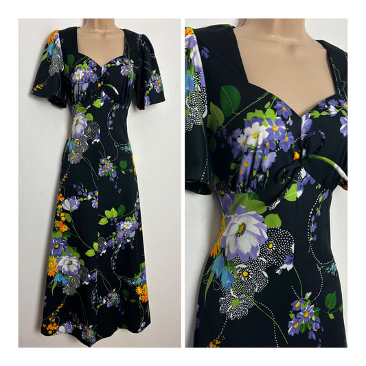 Vintage 1970s UK Size 8-10 Black Lilac Orange & Green Floral Print Short Sleeve Maxi Dress