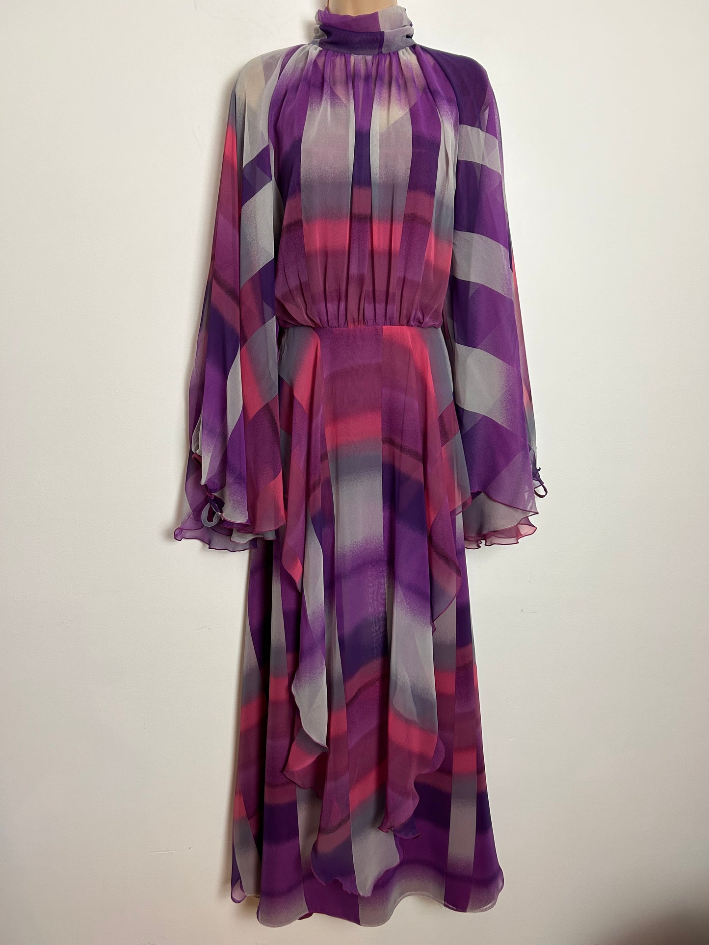 Vintage 1970s UK Size 12 Stunning Purple Pink & Grey Stripe Print HUGE Flared Cape Sleeves Occasion Maxi Dress