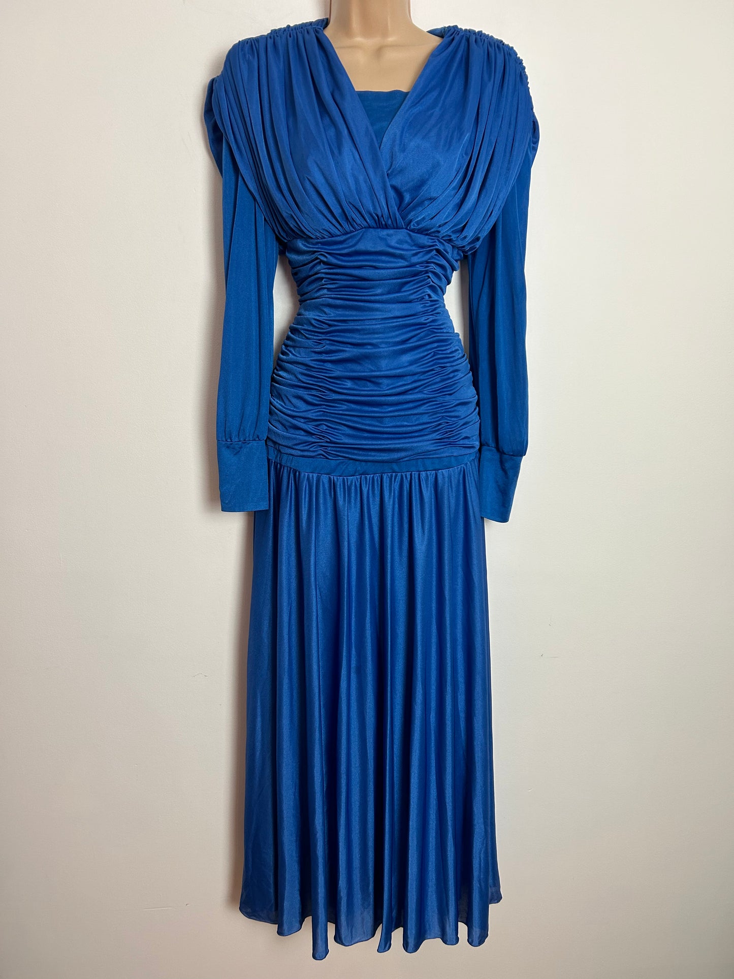 Vintage 1980s UK Size 10 CREATION JOLIE Royal Blue Ruched Draped Maxi Length Occasion Evening Dress