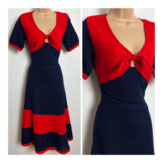Vintage 1970s Size 8-10 Red & Navy Blue Jersey Feel Tie Bust Cut Out Detail Midi Length Day Dress