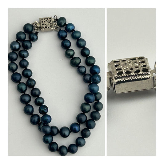 Vintage Blue Dyed Real Pearl Double Strand Bracelet With 14k Gold Filled Silver Tone Box Clasp