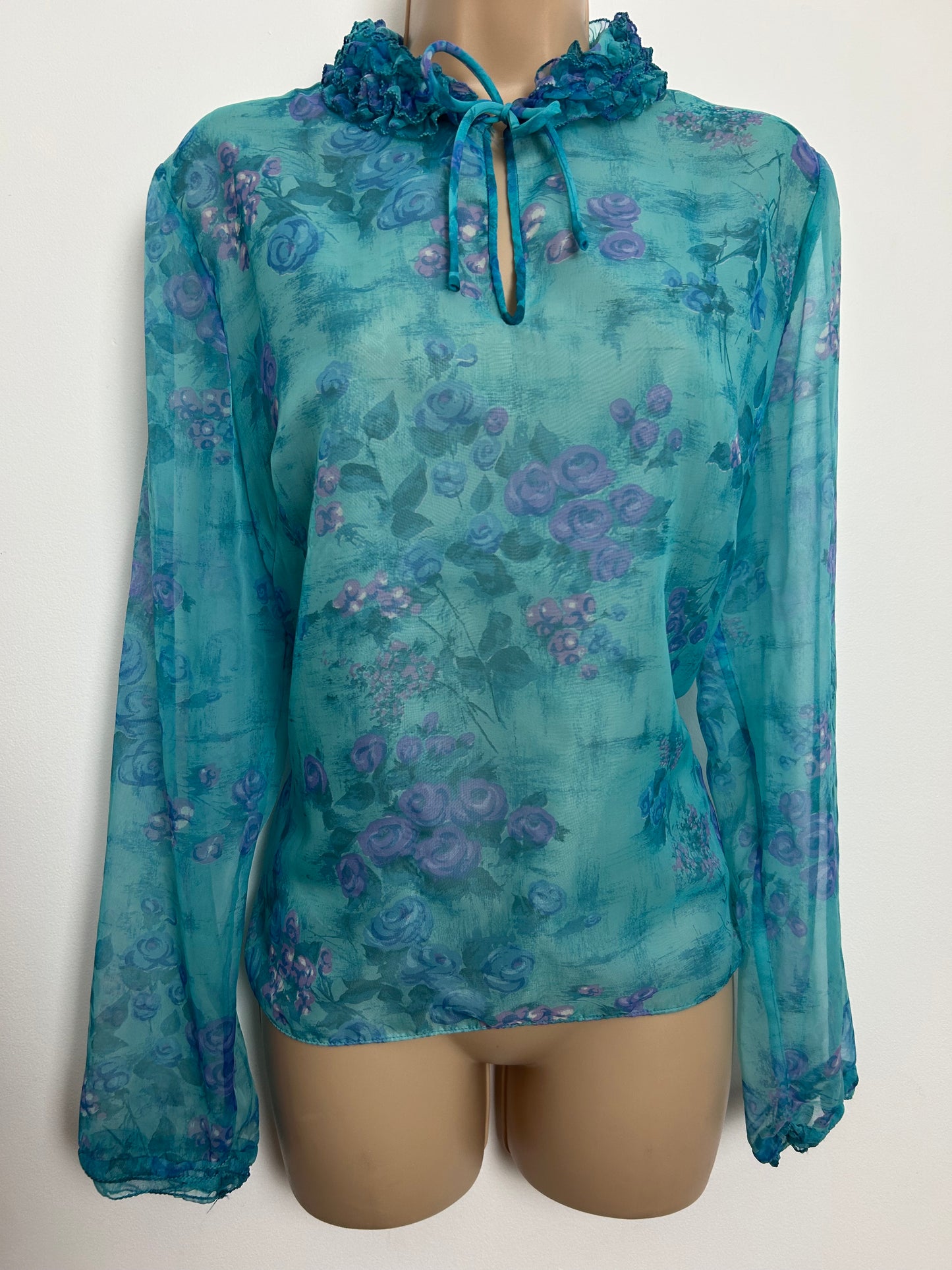 Vintage Late 1960s ST MICHAEL Size 12 Turquoise & Pink Ruffle Tie Neck Nylon Chiffon Blouse