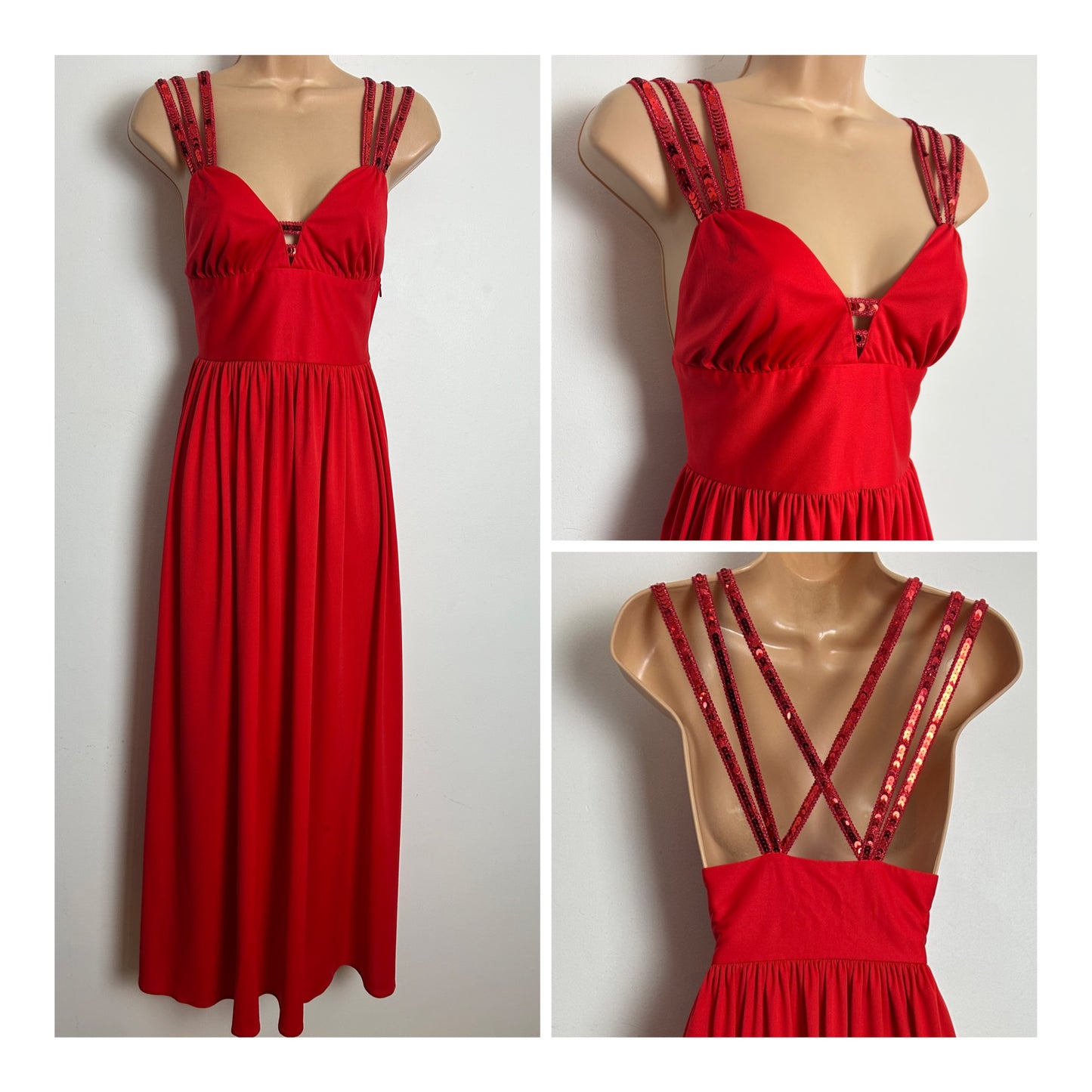 Vintage 1970s Size 6 Red Triple Sequin Strap Special Occasion Evening Maxi Dress
