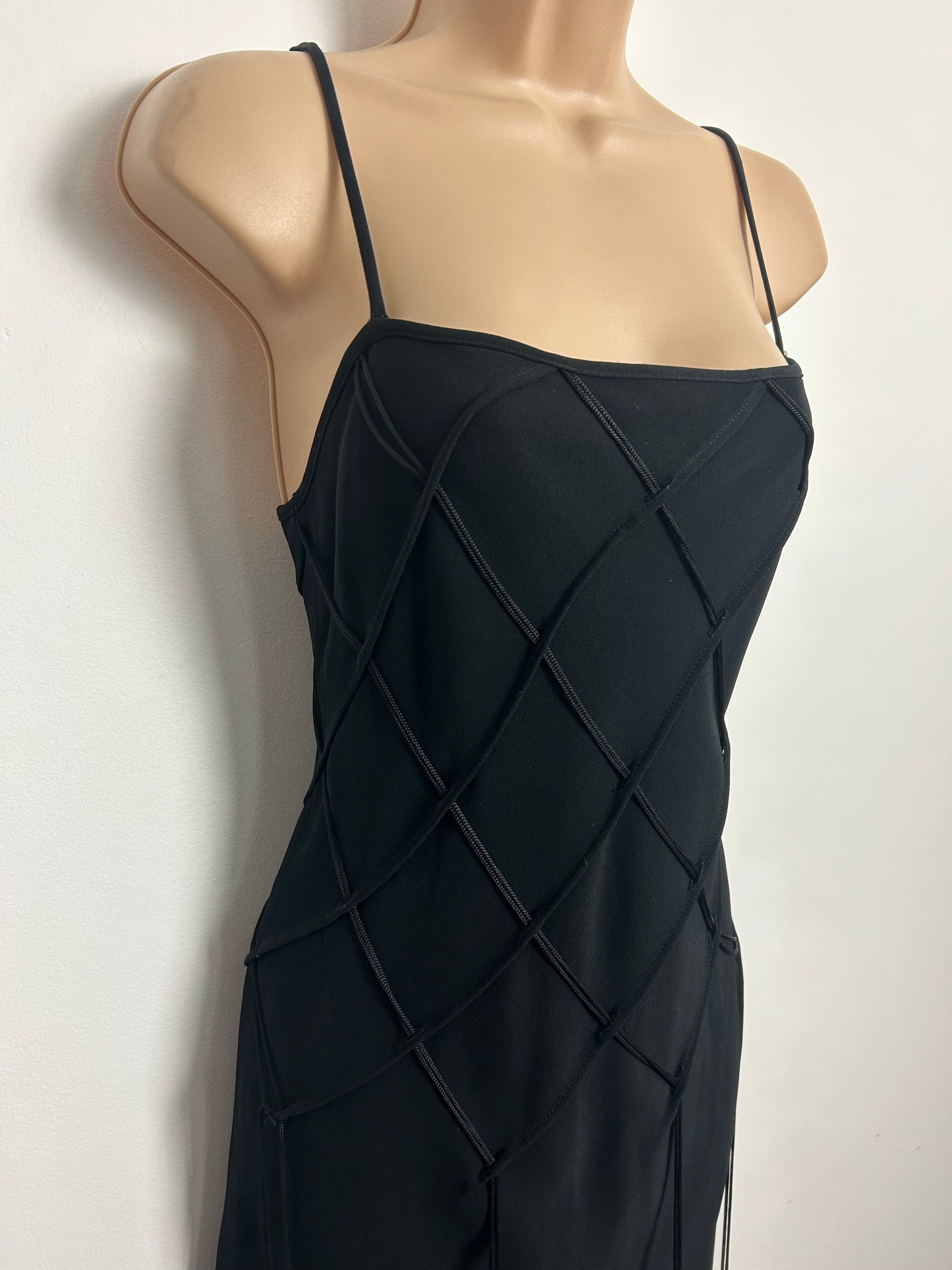 Vintage Late 1990s MOSCHINO CHEAP & CHIC Size 10 Black Lattice String Detail Little Black Dress & Matching Jacket Suit
