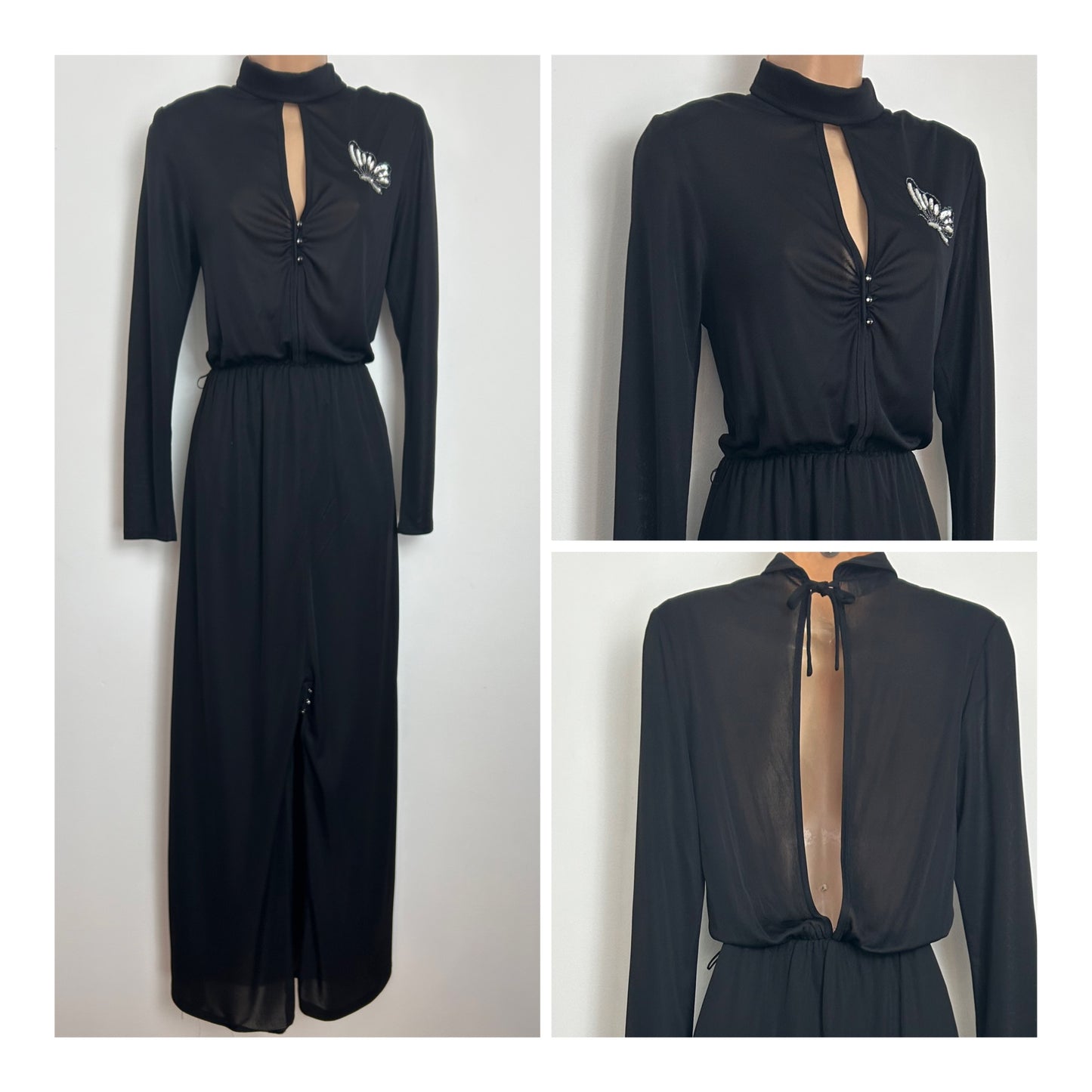 Vintage Late 1970s MARIA KROLL Size 8-10 Black Long Sleeve Silver Sequin Butterfly Detail Evening Dress