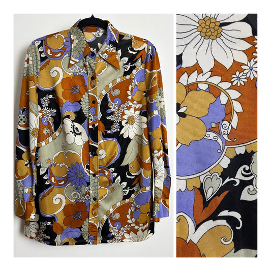 Vintage 1970s Size 14 Brown Grey Lilac & Tan Psychedelic Floral Print Long Sleeve Shirt