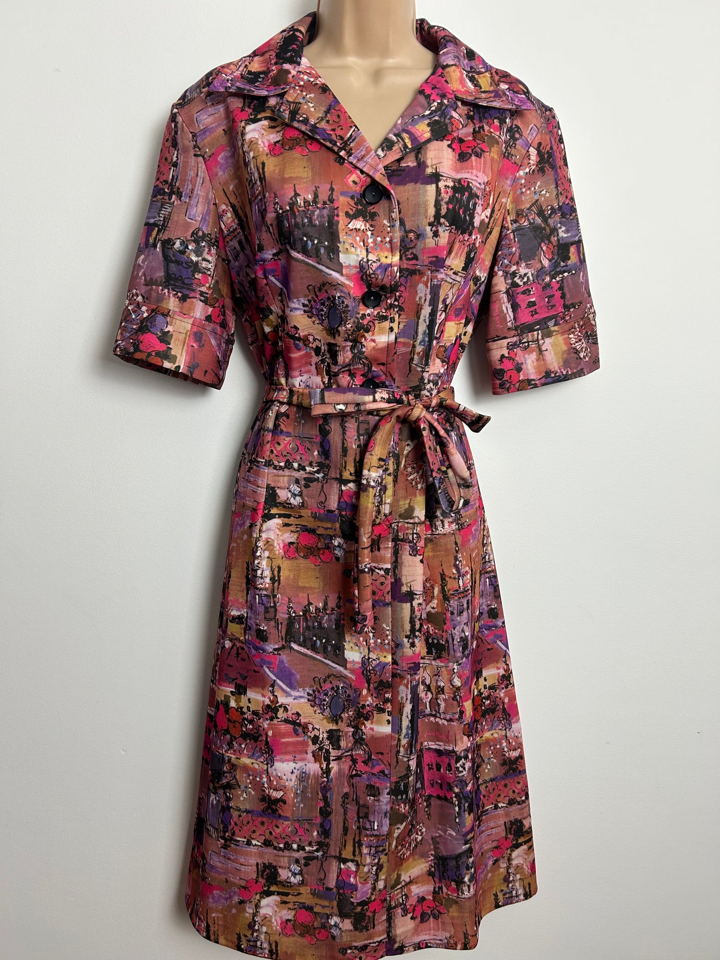 Vintage 1970s Size 14-16 Beige Purple & Pink Warm Tones Abstract Belted Day Dress