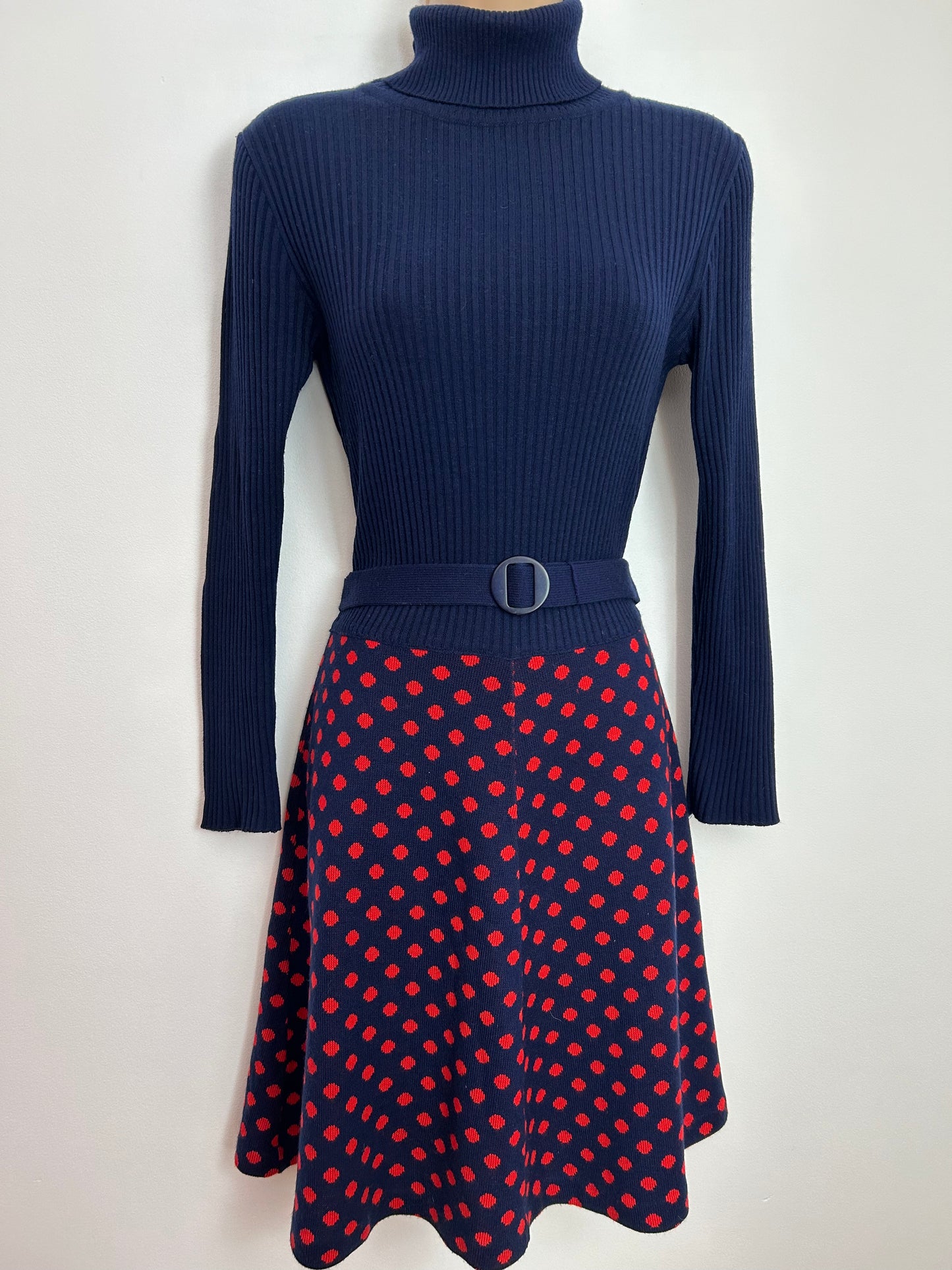 Vintage 1970s UK Size 10-12 Navy Blue & Red Ribbed Jersey Polka Dot Long Sleeve Belted Mod Dress