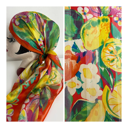 Vintage C&A Orange Yellow & Green Floral & Lemons Print Long Chiffon Scarf 154cm x 41cm