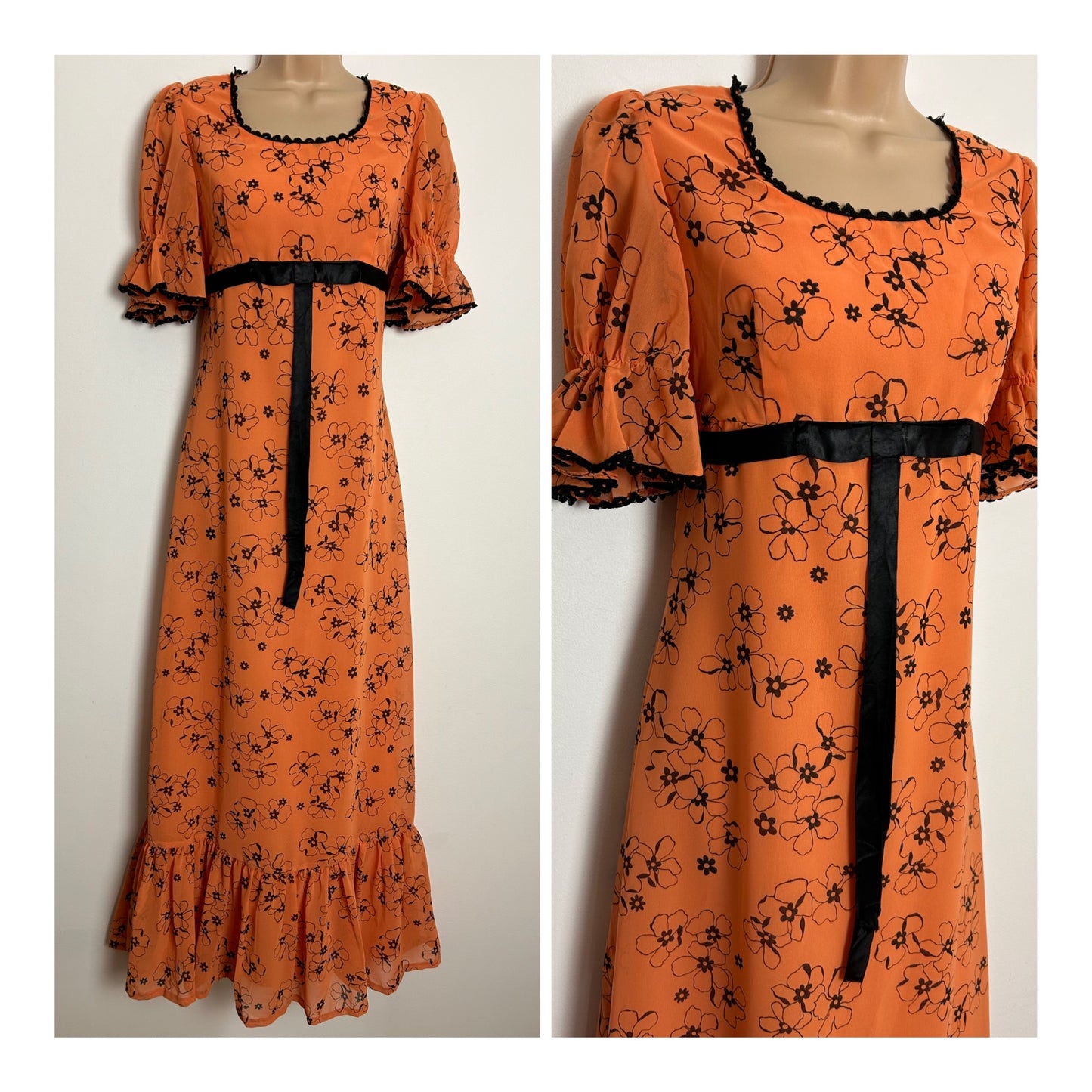 Vintage 1970s UK Size 10 Orange & Black Floral Print Ribbon Trim Short Sleeve Boho Prairie Maxi Dress