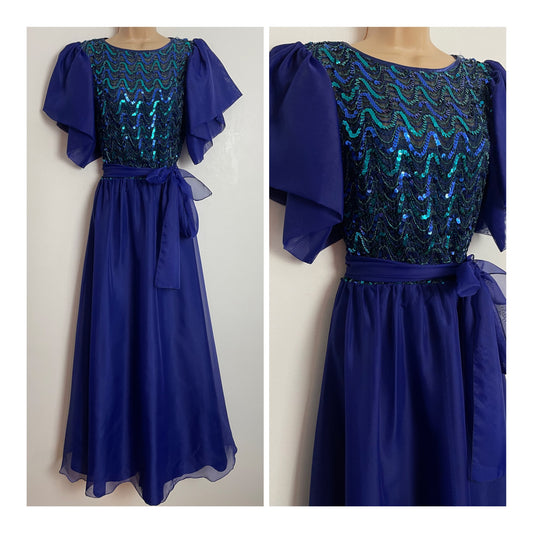 Vintage 1980s VERA MONT UK Size 8 Purpley Blue Sequin & Braid Trim Tulip Sleeve Occasion Evening Maxi Dress