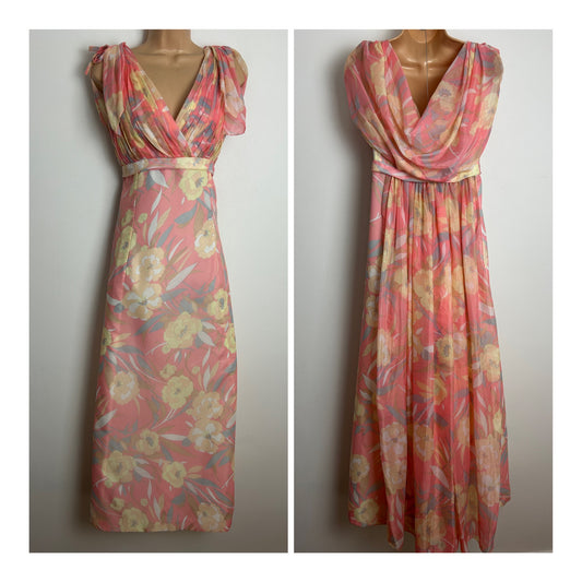 Vintage 1970s Size 10-12 Pastel Pink Lemon & Blue Floral Print Drape Back Summer Occasion Maxi Dress