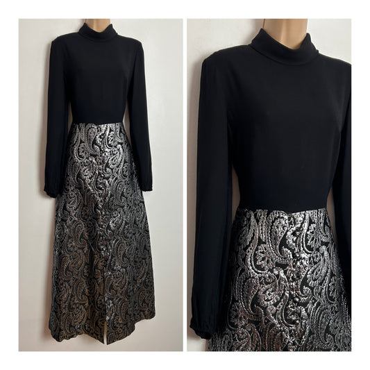 Vintage 1970s RICHARD SHOPS UK Size 8 Black & Metallic Silver Brocade Long Sleeve Evening Maxi Dress