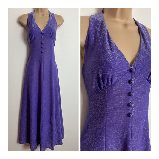 Vintage 1970s PEGGY PAGE UK Size 8 Purple Lurex Halterneck Party Occasion Maxi Dress