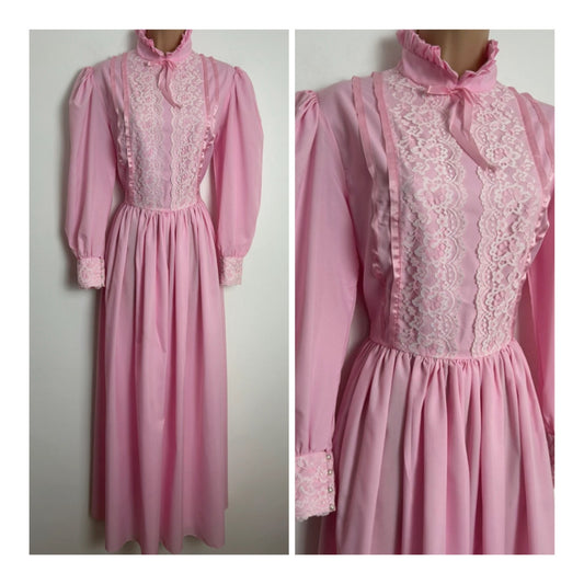 Vintage 1970s Size 10 Pink Lace Trim High Neck Long Sleeve Prairie Maxi Dress
