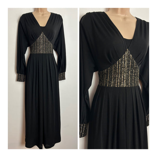 Vintage Early 1980s E&M AUGUSTAT UK Size 10 Black & Metallic Gold Pleated Evening Maxi Dress