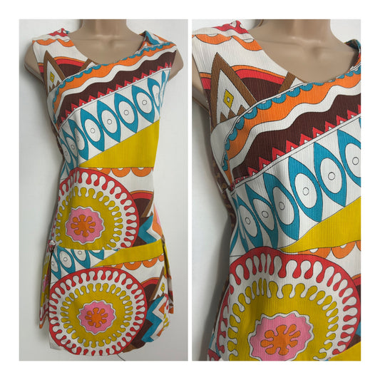 Vintage 1960s Size 12-14 White Blue Yellow Orange & Brown Abstract Print Shift Style Playsuit