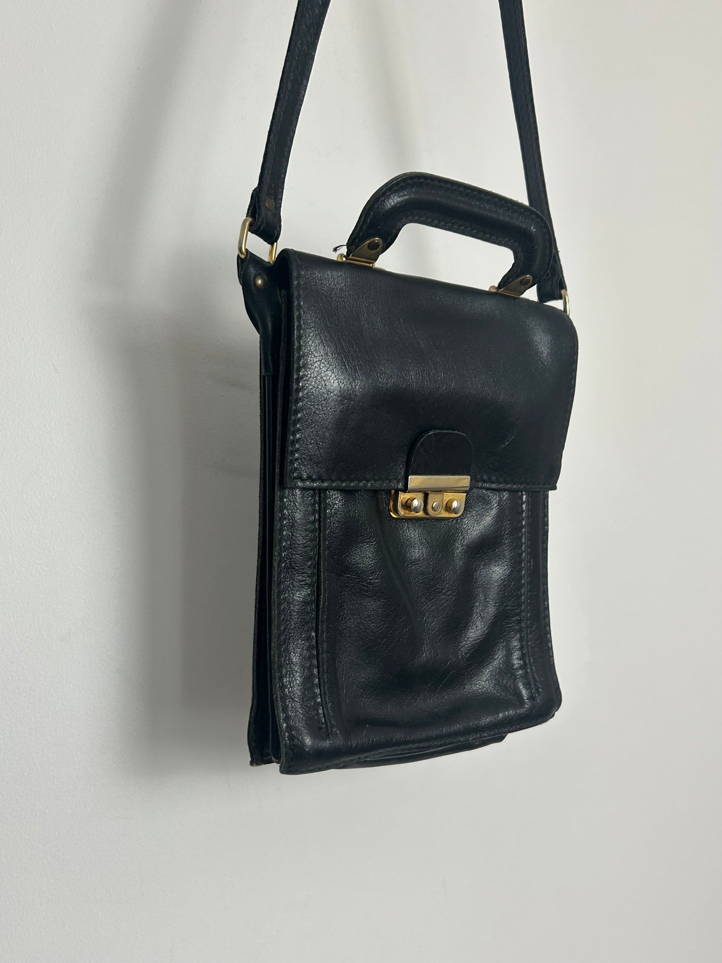 Vintage 1970s Black Leather Satchel Style Shoulder Bag