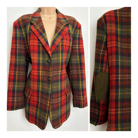 Vintage DAKS SIGANTURE Size 14-16 Red Green & Yellow Tartan Check Wool Blazer Jacket With Elbow Patches