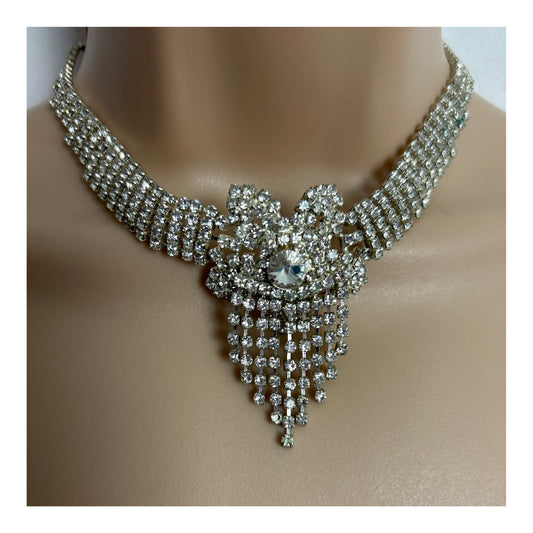 Vintage Diamante Paste Bow Detail Silvertone Choker Necklace