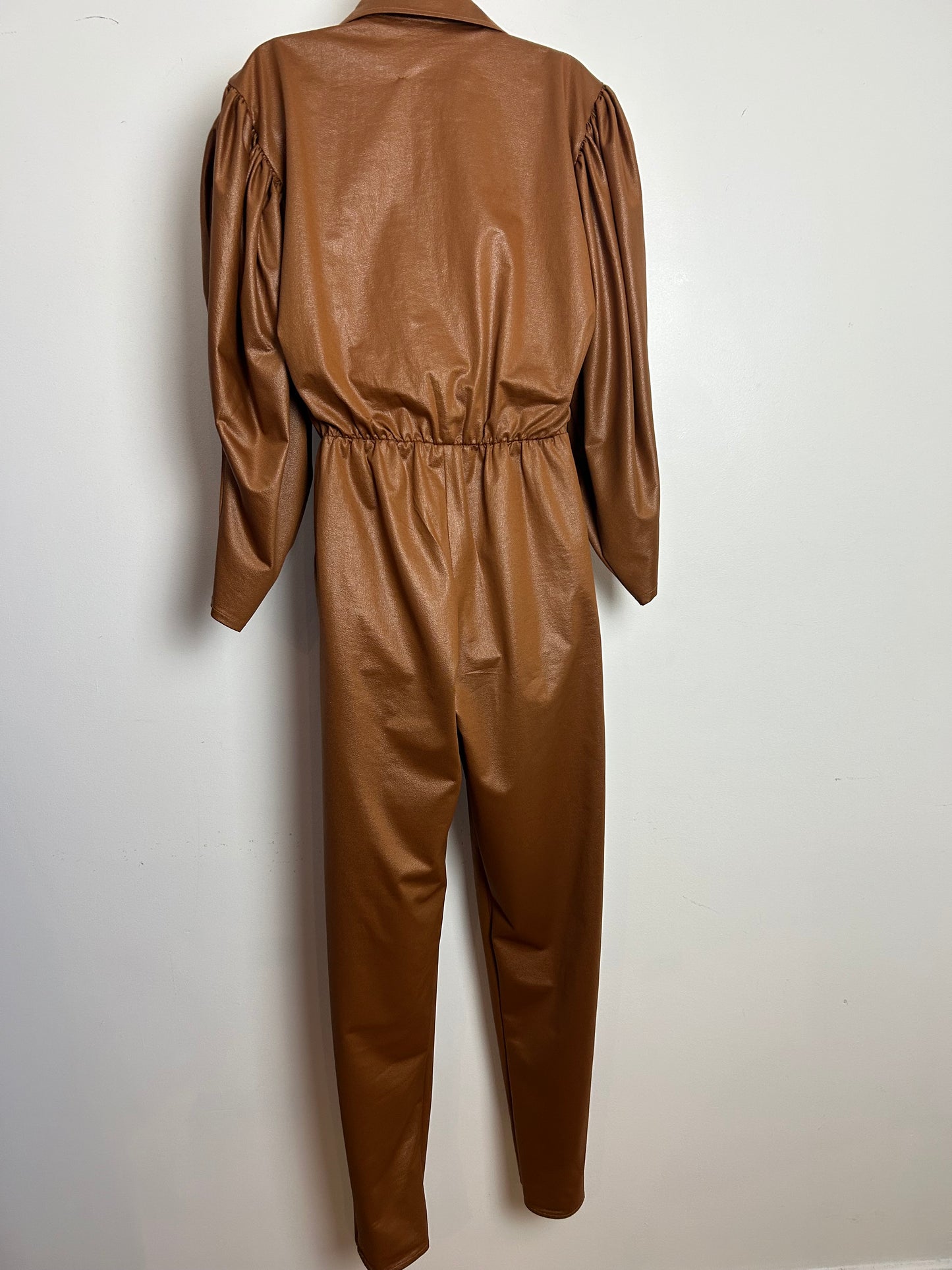 Vintage 1980s Size 12-14 Tan Brown Wet Look Mutton Sleeve Tapered Leg Jumpsuit