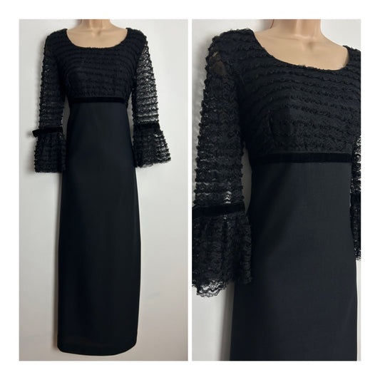 Vintage Late 1960s CHARMONT OF LONDON UK Size 10 Black Lace Bodice Empire Line Boho Occasion Maxi Dress