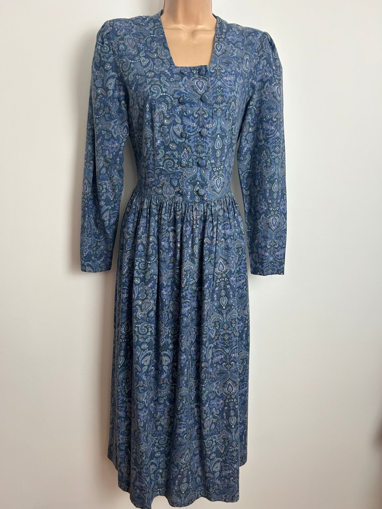 Vintage 1980s LAURA ASHLEY Size 10 (Size 12 On Label) Blue Tones Nouveau Print Wool Mix Long Sleeve Midi Dress