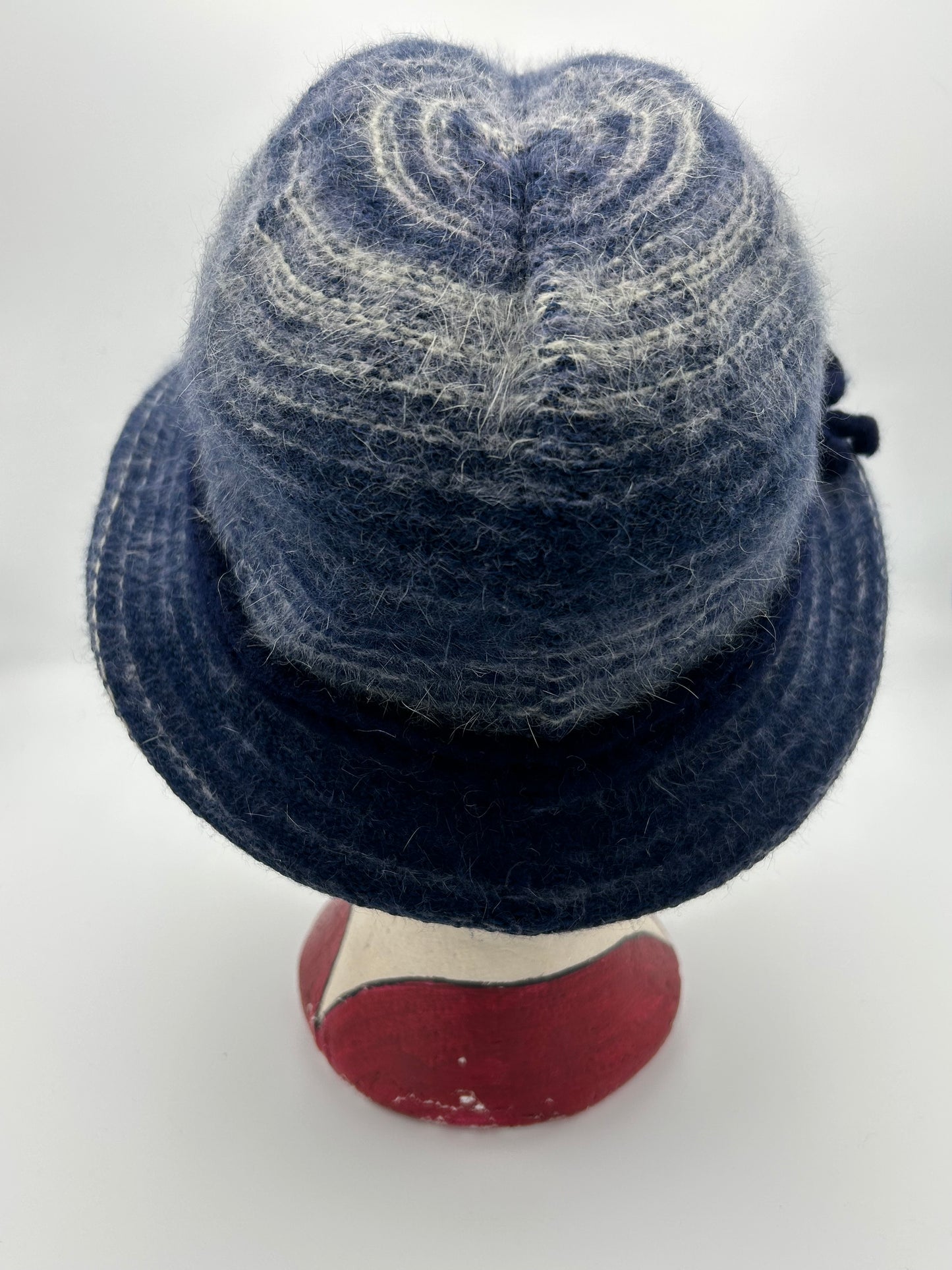 Vintage C&A Blue & White Stripe Angora  & Wool Mix Bow Detail Trilby Style Hat