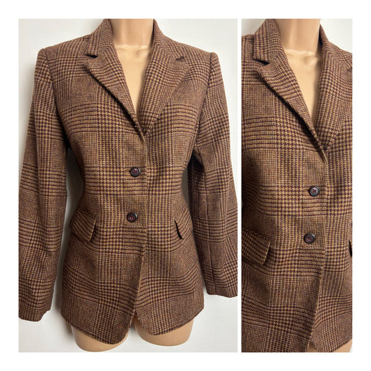 Vintage 1980s TALBOTS PETITES Size 10-12 Brown Hounds Tooth Check 100% Lambswool Blazer