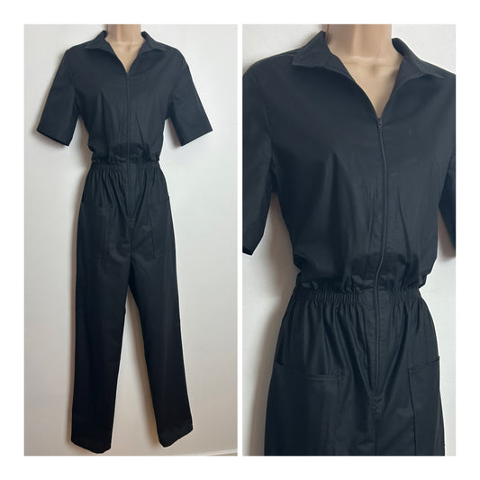 Vintage Late 1970s/Early 1980s ST MICHAEL Size 10 Black Zip Front Straight Cotton Mix Boiler Suit Jumpsuit