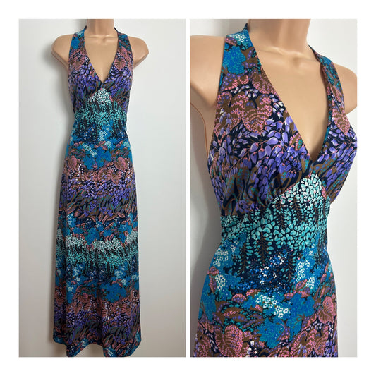 Vintage 1970s LUCIE LINDEN Size 12 Blues & Pinks Floral Print Halterneck Summer Maxi Dress
