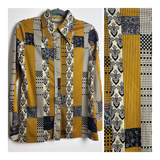 Japanese Vintage 1970s Size 8 Dark Gold White & Black Abstract Print Long Sleeve Dagger Collar Shirt