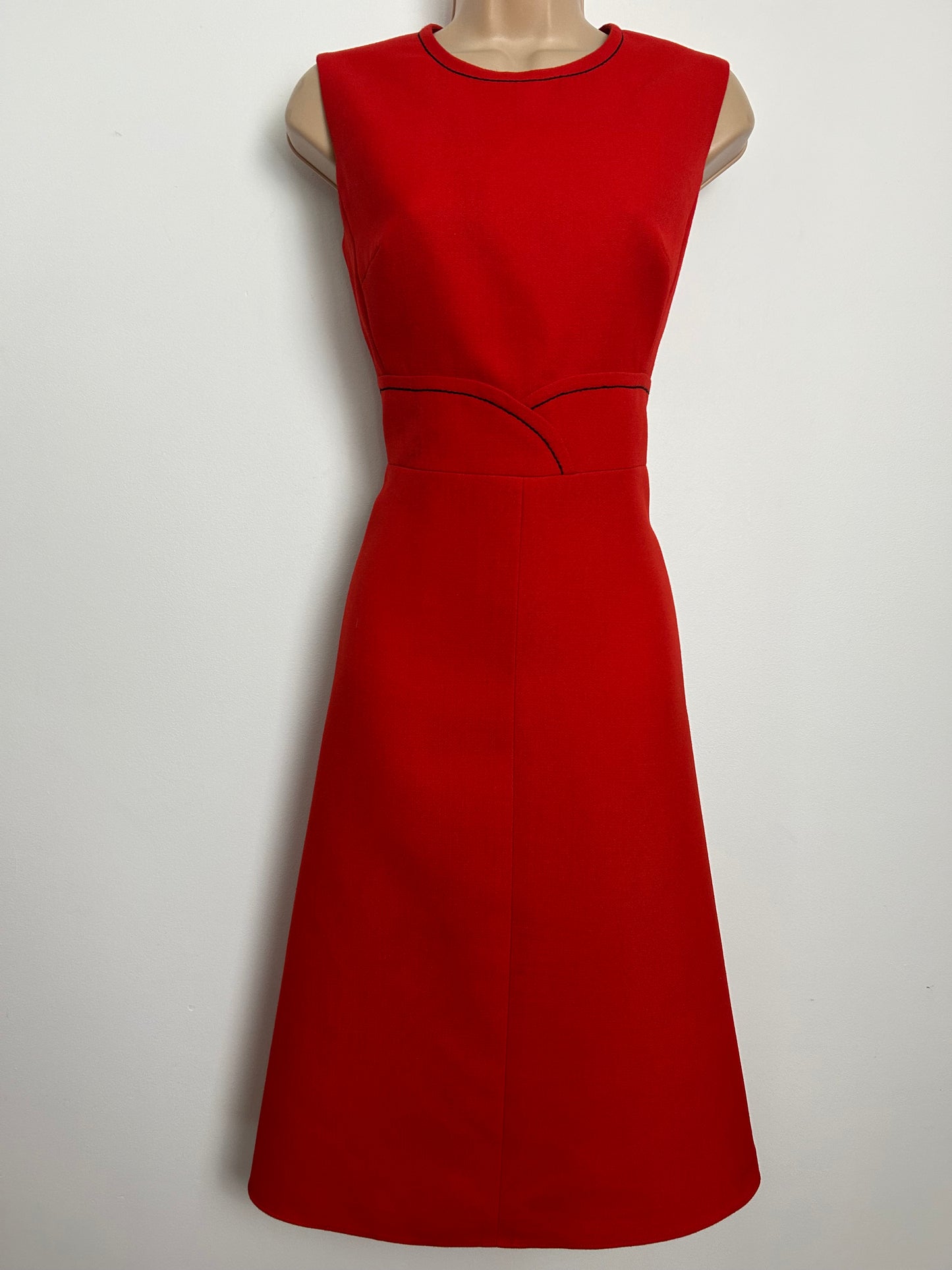 Vintage 1960s Size 8-10 Red Black Stitch Detail New Wool Mod Dress