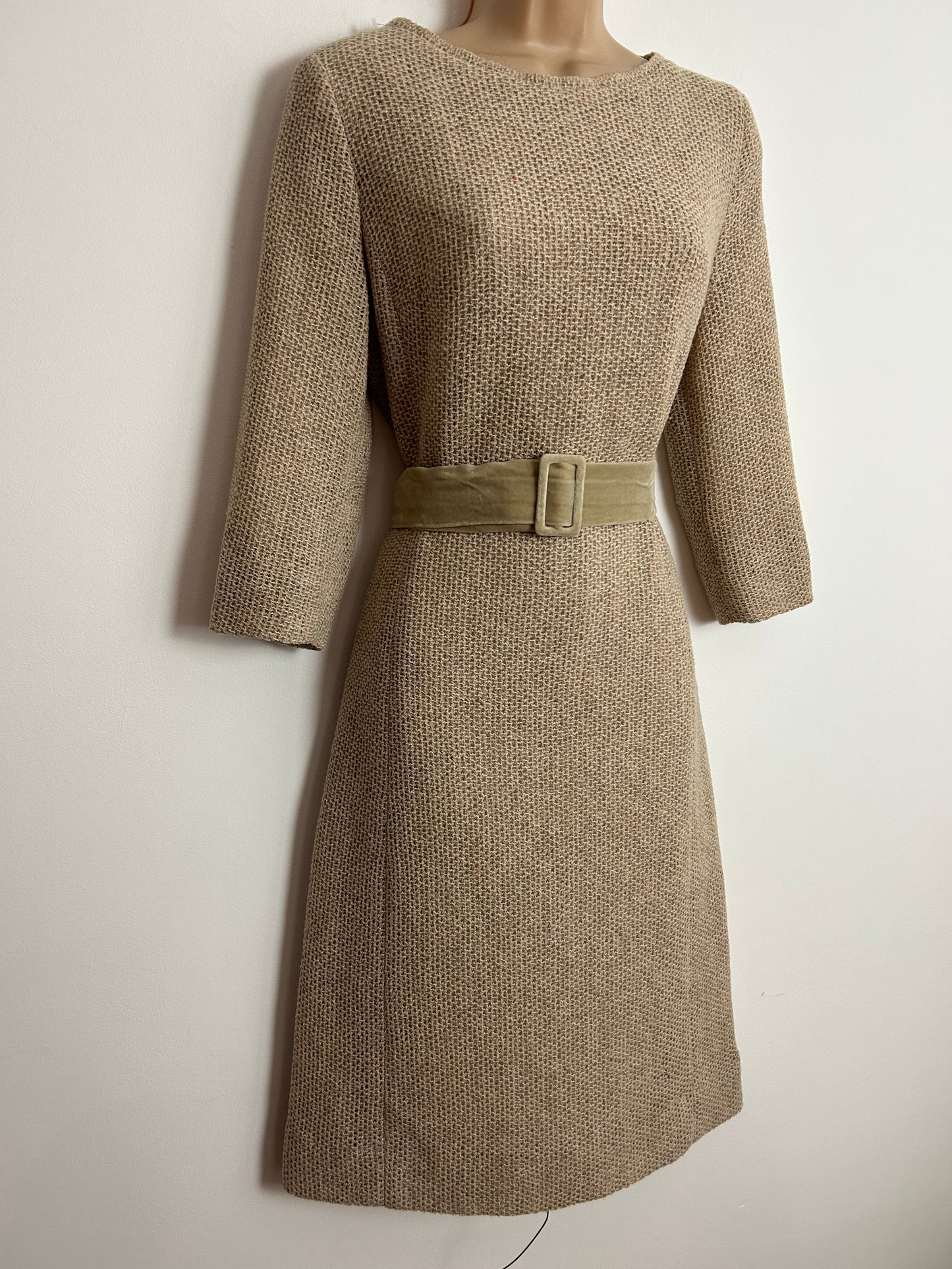 Vintage Early 1970s UK Size 12 Beige Waffle Fabric 3/4 Sleeve Velvet Belted Mod Dress