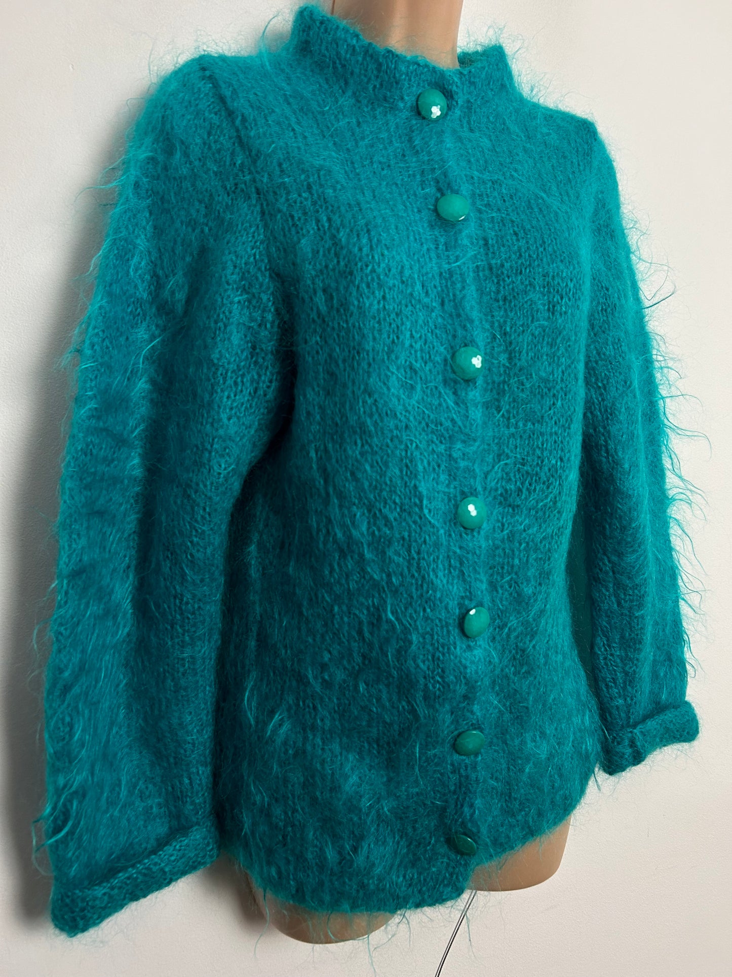 Vintage 1980s Size 8-10 Dark Turquoise Mohair Mix Long Sleeve Cardigan