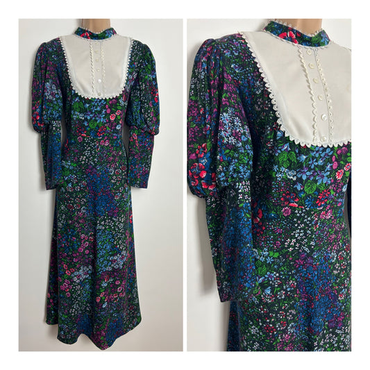 Vintage 1970s ALEXANDER CLARE UK Size 12 Black Blue Purple & Red Floral Print Long Juliet Sleeve Prairie Midi Dress