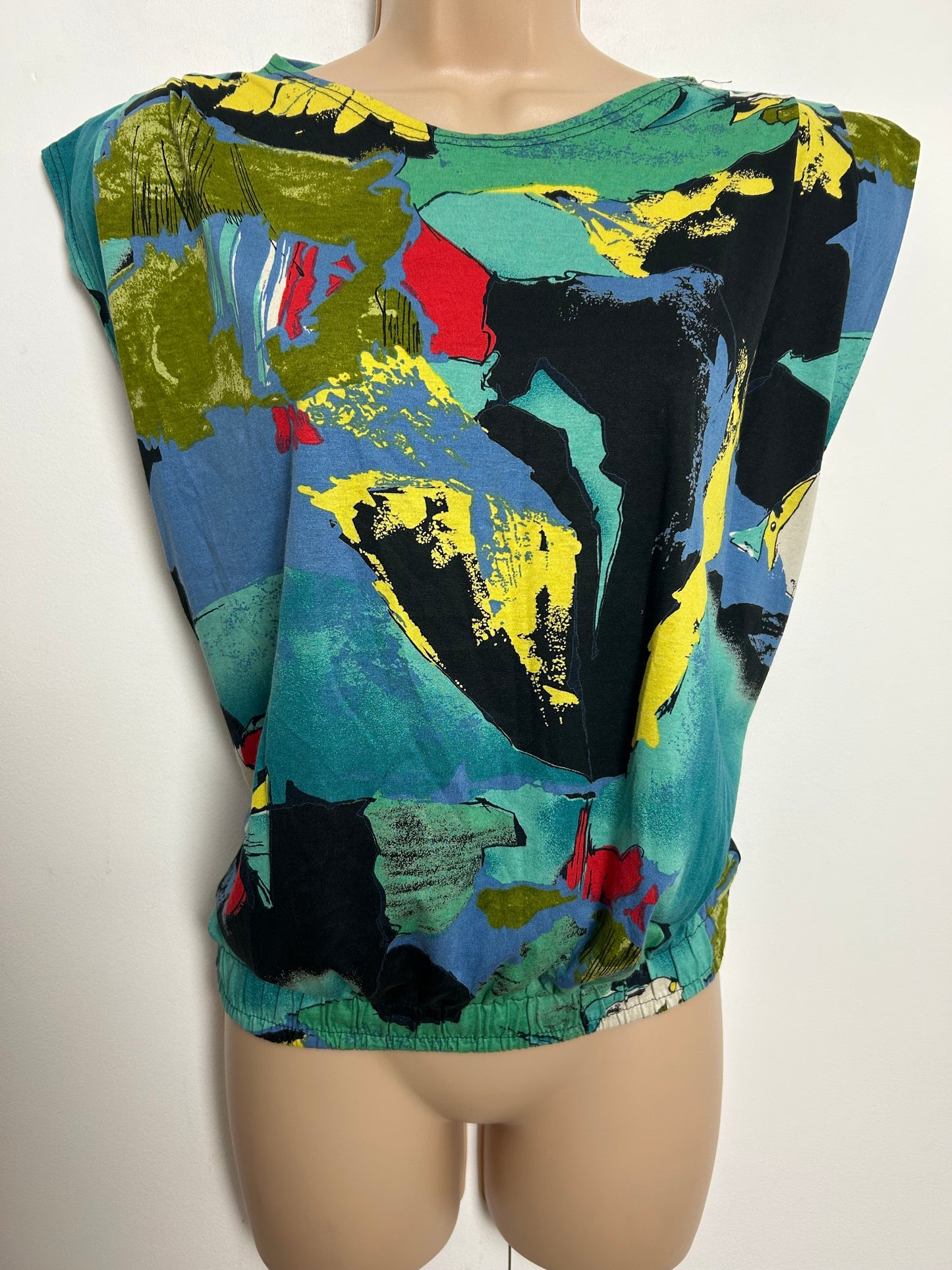 Vintage 1980s Size 14 Green Blue Black & Red Abstract Fish Print Cotton Mix Top