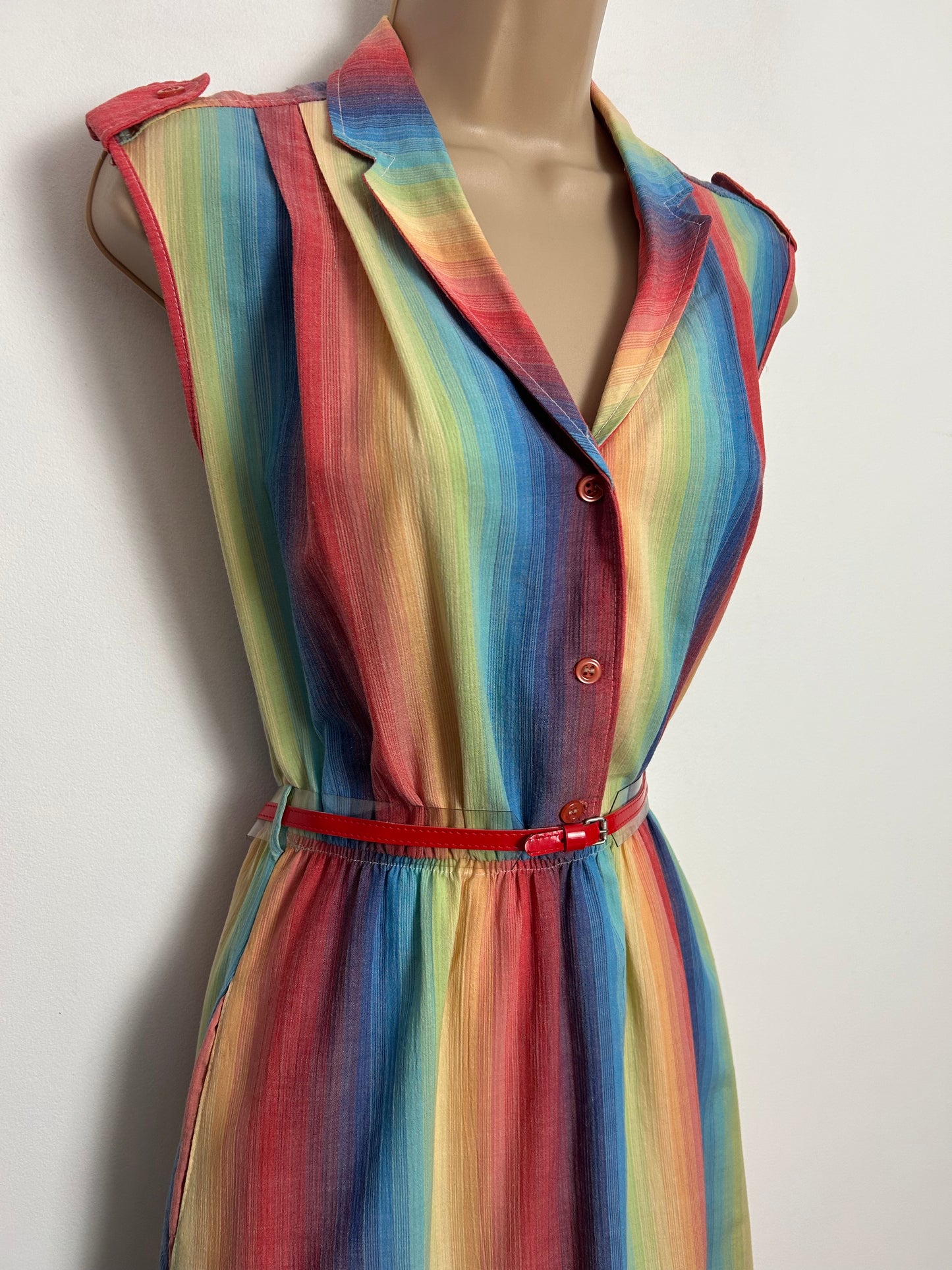 Vintage Early 1980s UK Size 10 Orange Red Yellow Green & Blue Stripe Print Belted Cotton Day Dress