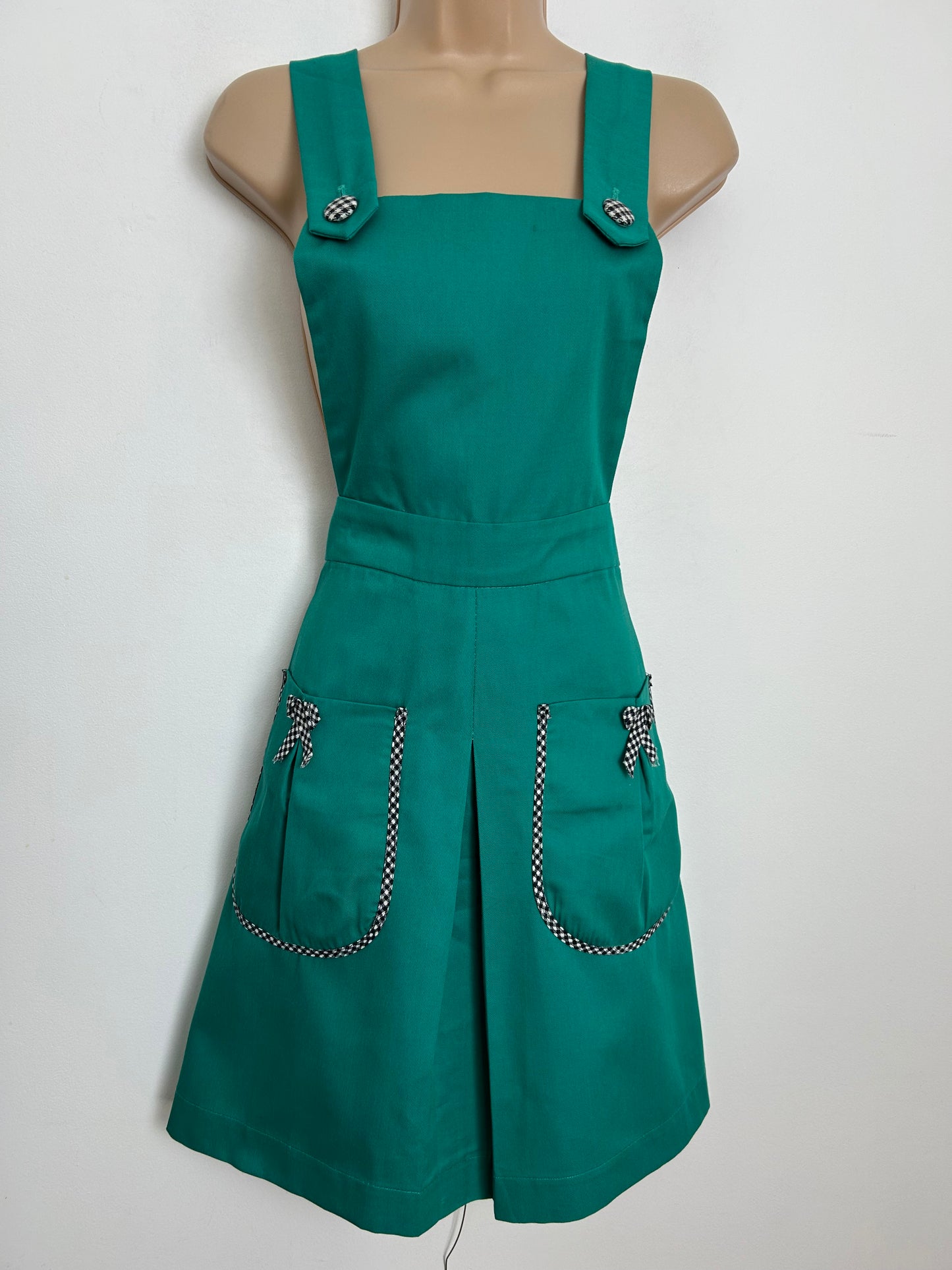 Vintage 1960s Size 10 Dark Green Check Bow Trim Cross Strap Pinafore Dress