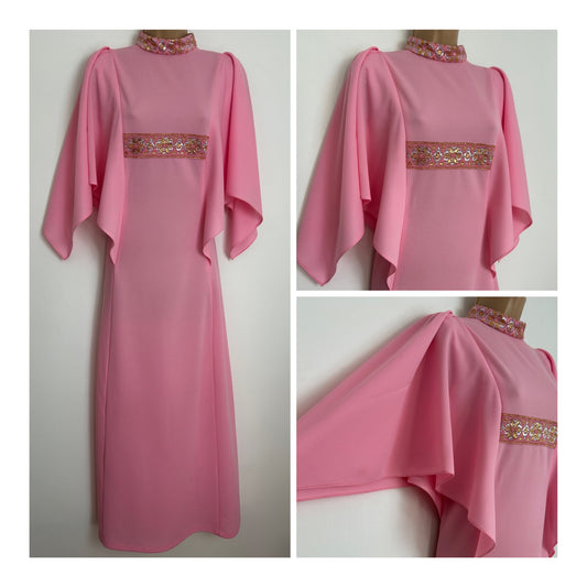 Vintage 1970s Size 10 Bubble Gum Pink Pointed Cape Sleeve Floral Metallic Thread Trim Occasion Maxi Dress
