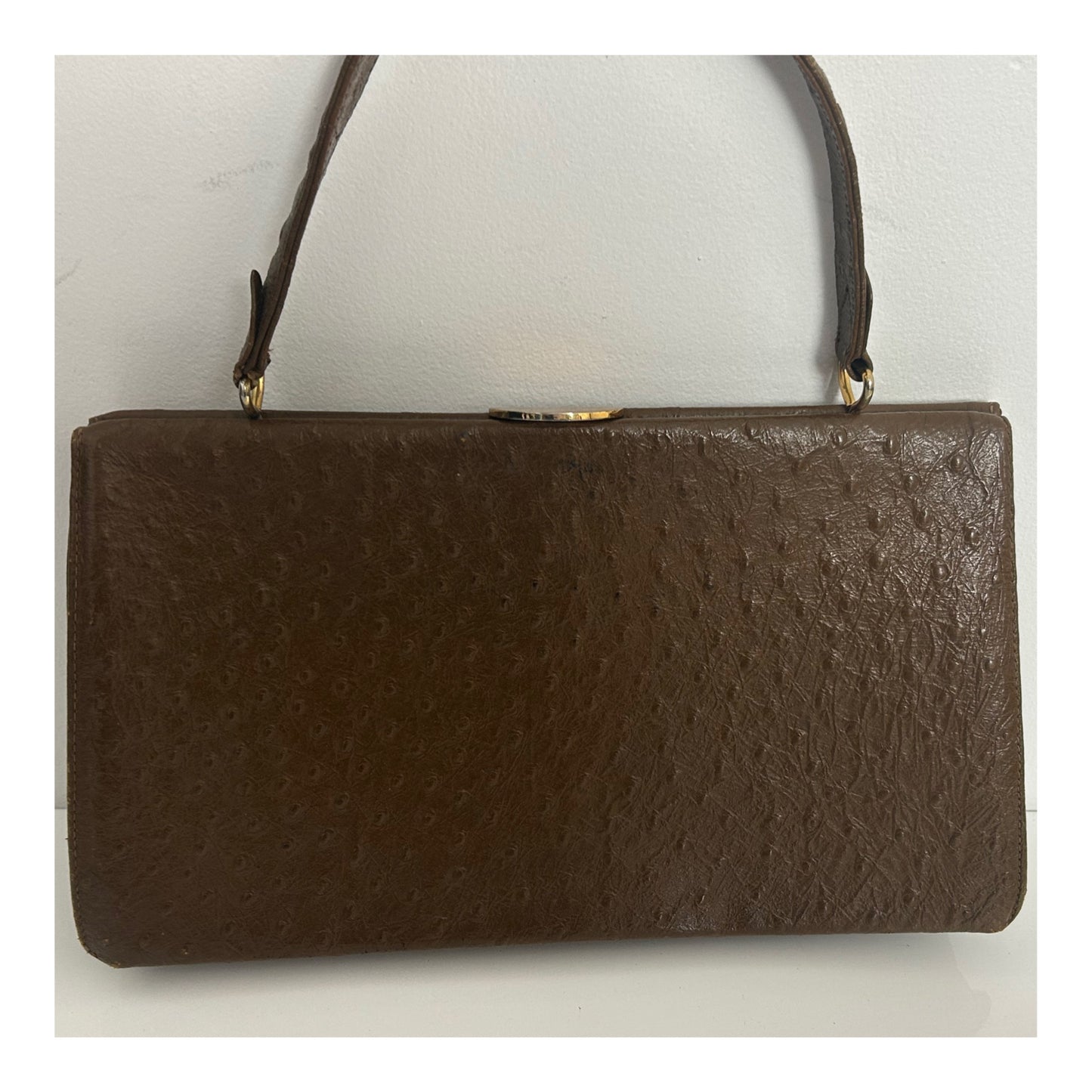 Vintage 1960s Large Brown Leather Ostrich Embossed Kelly Style Handbag