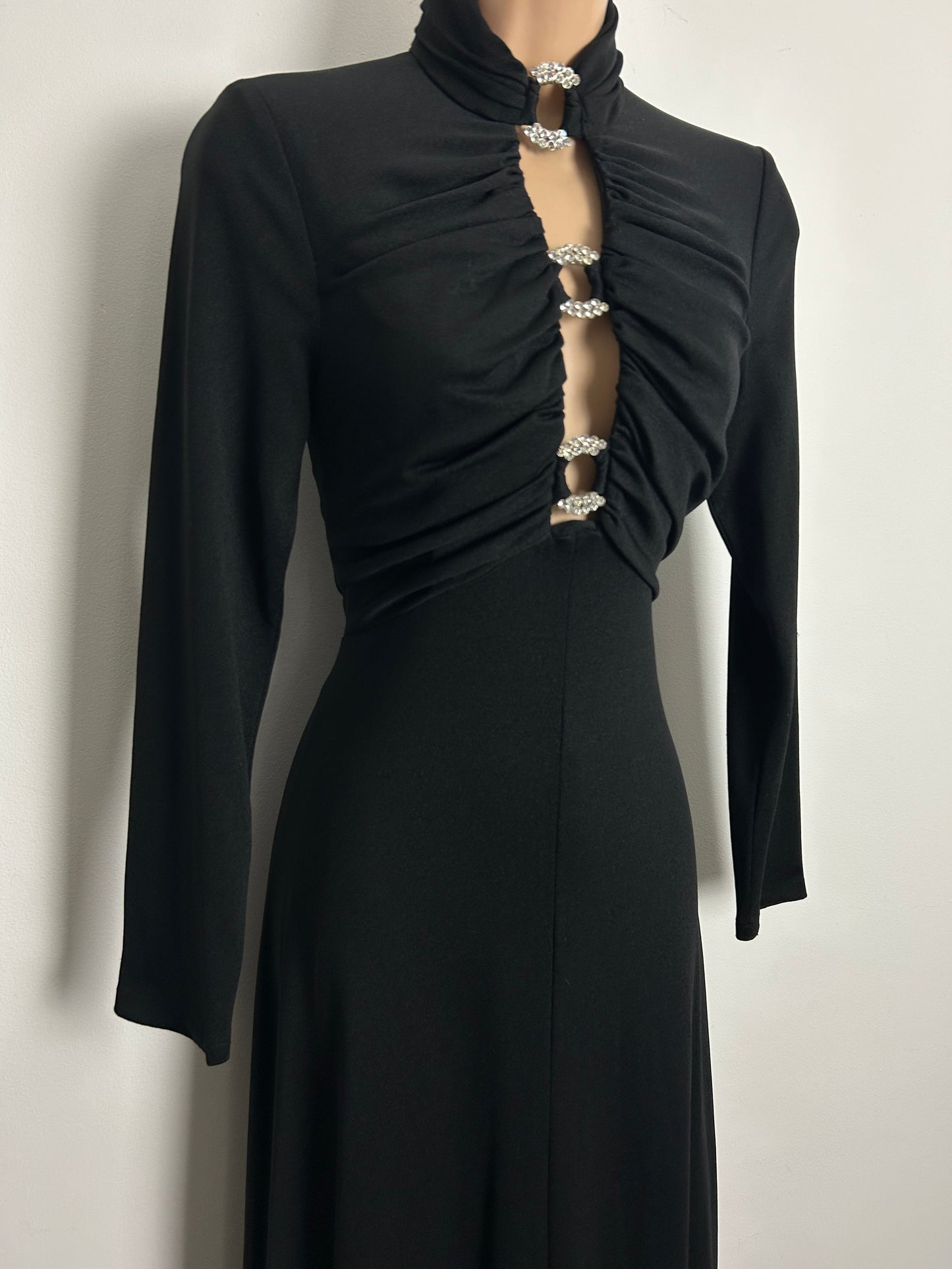 Vintage 1970s JOHN MARKS Size 10 Black Diamante Detailing Open Front Occasion Evening Maxi Dress