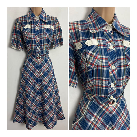 Vintage Late 1970s UK Size 8 Blue Red & White Check Print Cotton Pocket Detail Belted Day Dress